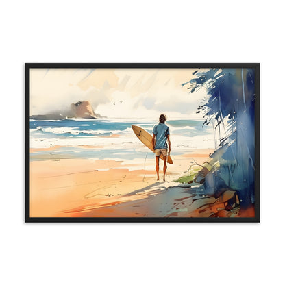 Framed Poster Beach Ocean Lifestyle Watercolor Style Painting Framed Artwork Print Surfer Looking Out For the Perfect Spot 24x36 inch horizontal