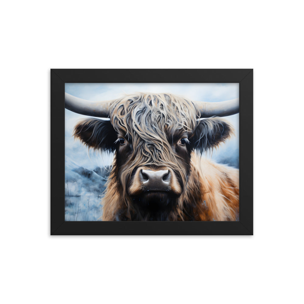 Framed Print Poster Artwork Strong Stunning Highlander Bull Emotional Staring Into The Viewer Captivating Highly Detailed Painting Style 8x10"