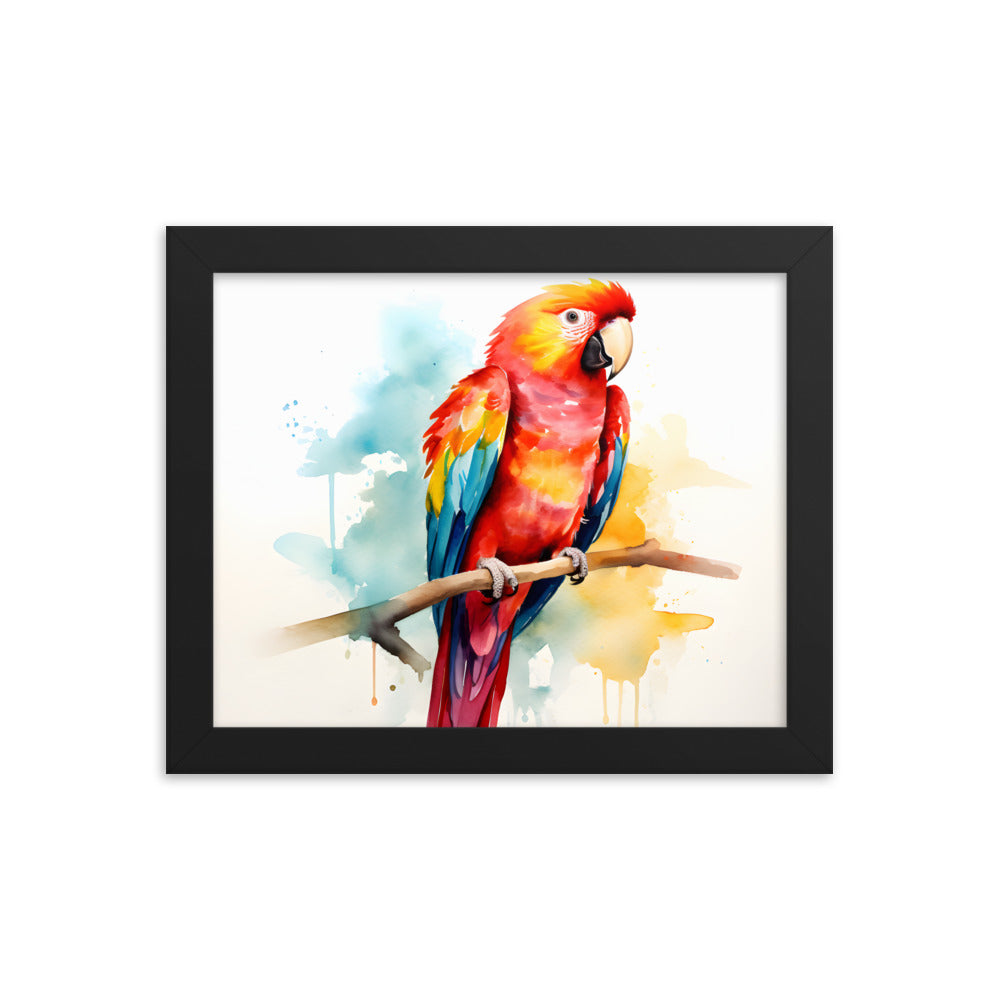 Framed Print Poster Artwork Bright Red Parrot With Rainbow Wings Perched On A Tree Branch Nature Influenced Water Color Painting Style 8x10"