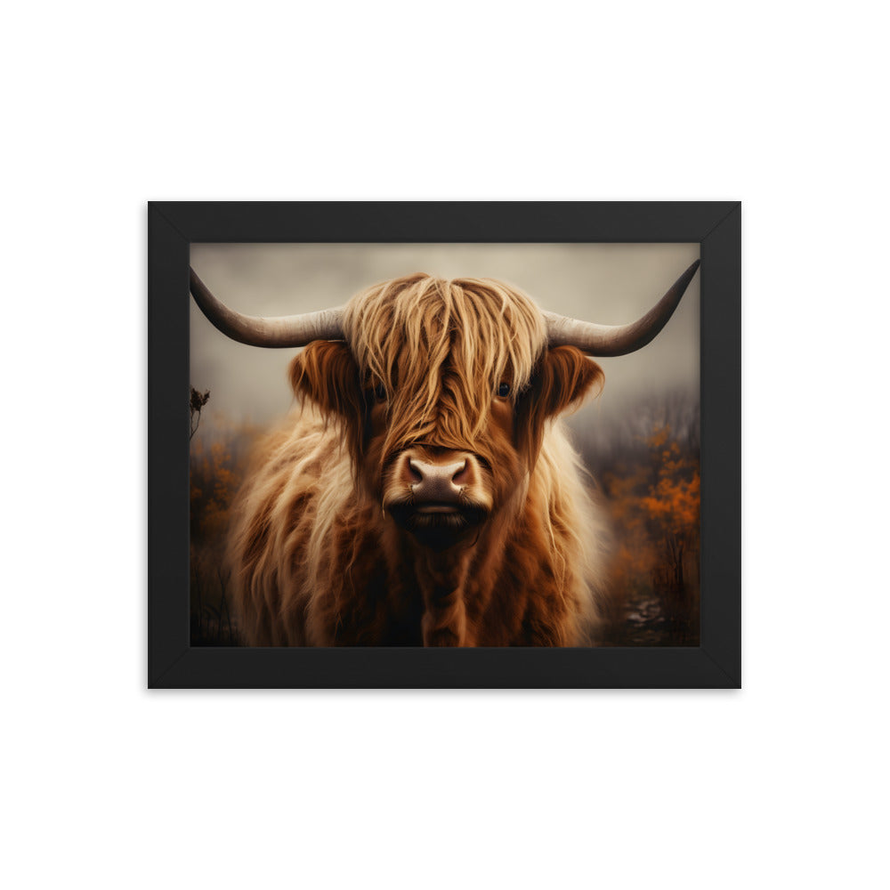 Framed Print Artwork Strong Stunning Dull Dark Gloomy Fierce Fire Highlander Bull Warm Fiery Background Emotional Staring Into The Viewer Captivating Highly Detailed Painting Style Perfect To Warm Up A Homestead Or Country Home Framed Poster 8x10"