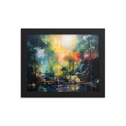 Framed Print Abstract Artwork Bright Vibrant Colorful Rainbow Jungle Behind A Pond Oil Painting Style Abstract Art Framed Poster Nature 8x10"