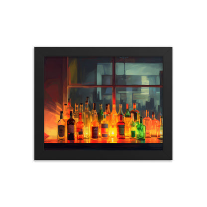 Framed Print Artwork Alcohol Bar Night Life Vibrant Colorful Well Lit Bar With Alcohol Bottles Lined Up Party Drinking Lifestyle Framed Poster 8x10"