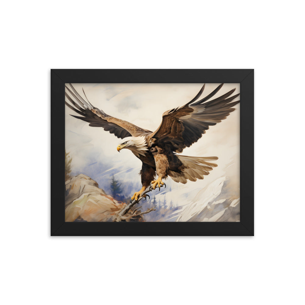 Framed Artwork Strong Soaring Bald Eagle Snowy Mountains Detailed Painting 8x10"