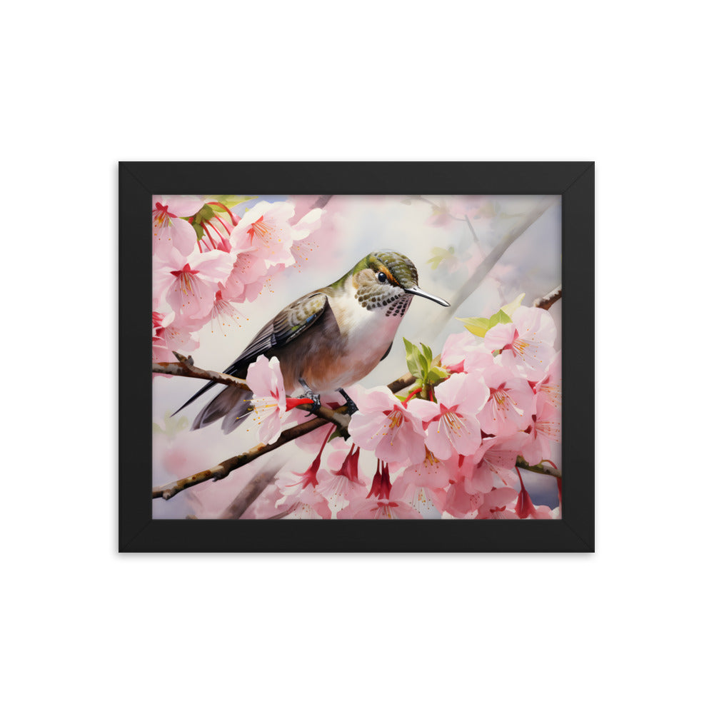 Framed Print Artwork Humming Bird Perched On Tree Branch Amongst Cherry Blossoms Framed Poster Artwork 8x10"