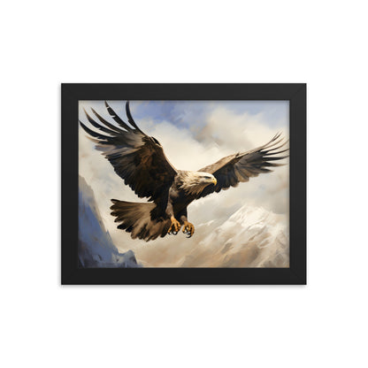 Framed Artwork Print Strong Soaring Bald Eagle Snowy Mountains Detailed Painting, Large Wing Span Mid Flight Ready To Swoop 8x10"