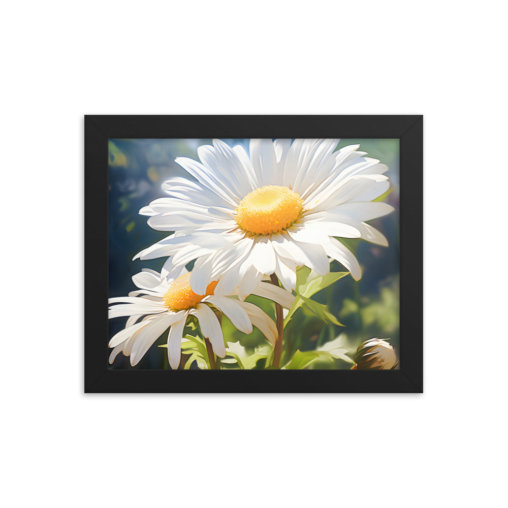 Framed Print Double Daisy Realistic Oil Painting Nature Inspired Artwork Stunning Sunlit Twin Daisy Blooming Oil Painting Style 8x10"