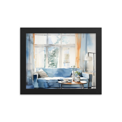 Framed Print Artwork Water Color Style Home Decor Large Windows Sun Lit Room Light Cool Colors Water Color Style Interior Design Lifestyle Framed Poster 8x10"