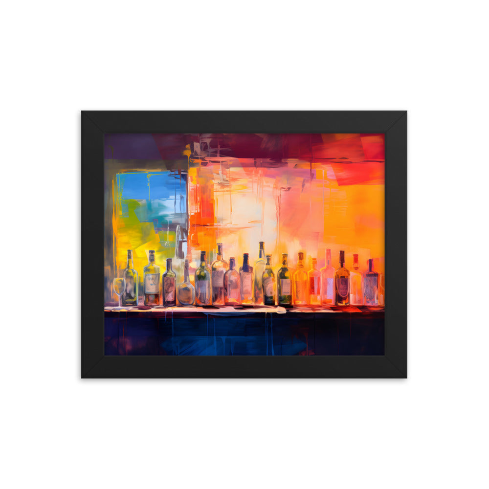 Framed Print Artwork Alcohol Bar Filled With Bottles Of Alcohol Night Life Vibrant Oil Painting Style Colorful Party Drinking Lifestyle Framed Poster 8x10"