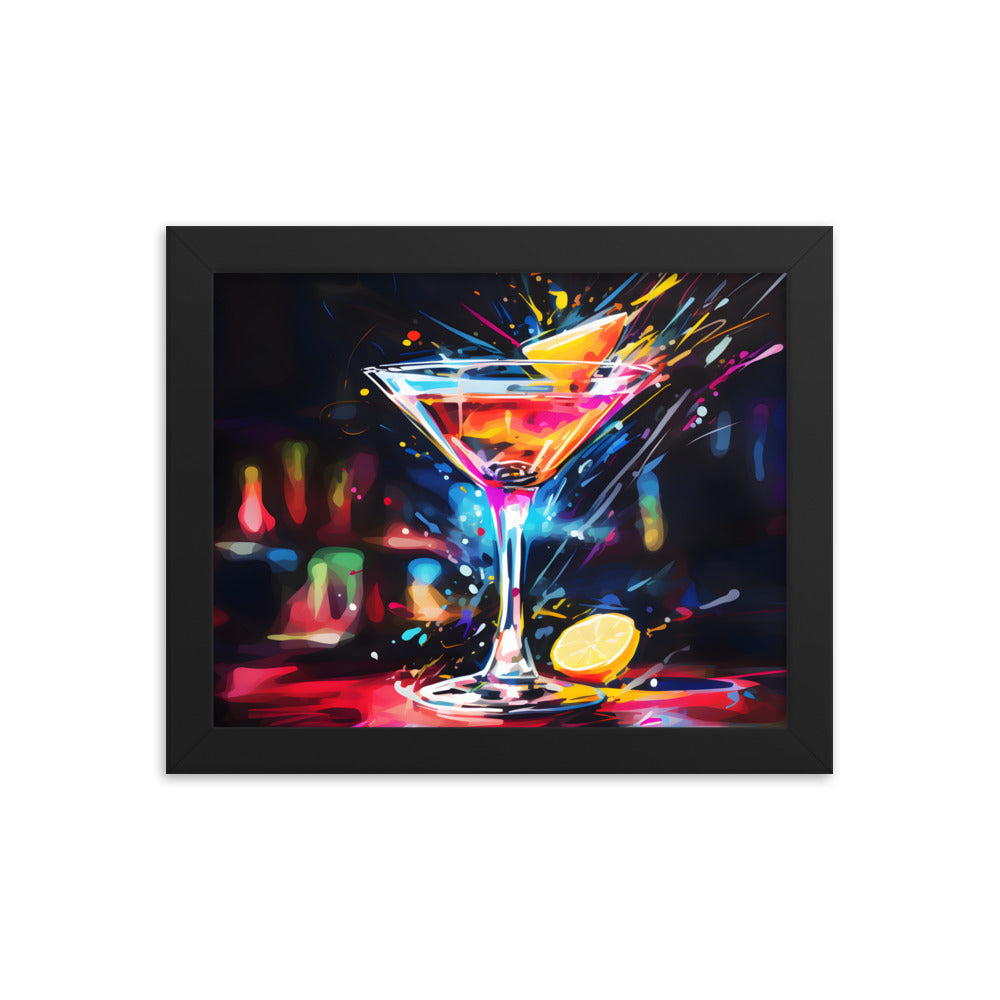 Framed Print Artwork Bar/Night Life Art Bright Neon Splashes Surrounding A Martini Glass Full Of Alcohol Framed Poster Painting Alcohol Art Iced Drink Close Up 8x10"