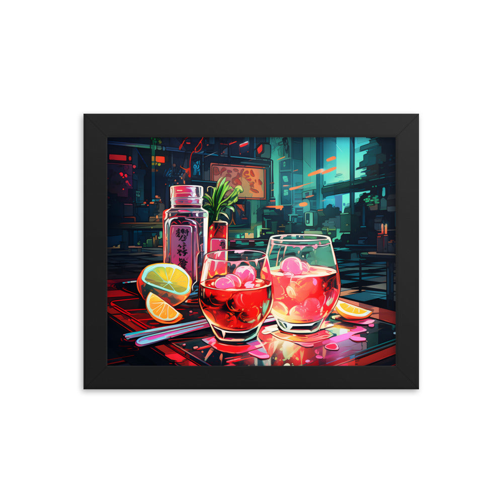 Framed Print Artwork Japanese Manga Style Alcohol And Night Life Bar Art Alcoholic Drink With Ice And Lemon Slice Framed Poster Neon Light Bar Artwork Urban Setting Lifestyle 8x10"