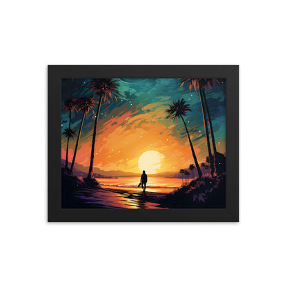 Framed Print Lifestyle/Ocean Side Artwork Smooth Ocean Water Dark Sunset Palm Tree Silhouettes Line The Pathway Large Sun Setting In Line With Perspective Moon Lit Star Filled Night Sky Framed Poster Artwork 8x10"