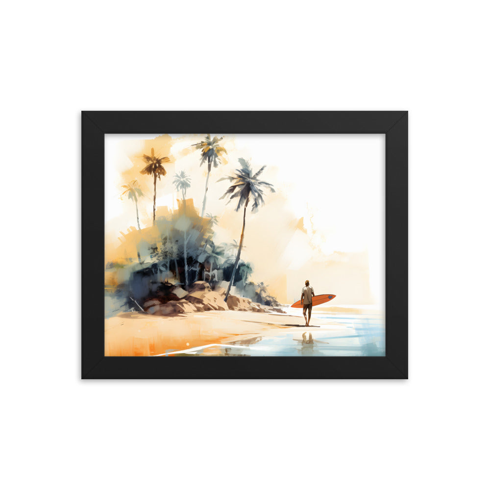 Framed Print Artwork Beach Ocean Surfing Art Surfer Walking Up The Beach Holding Surfboard Palm Trees Sets The Tone Framed Poster Artwork 8x10"