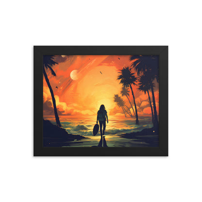 Framed Print Artwork Beach Ocean Surfing Warm Suns Set Art Surfer Walking Down To The Beach Holding Surfboard Palm Tree Silhouettes Sets The Tone Framed Poster Artwork 8x10"