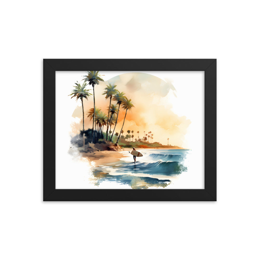 Framed Lifestyle/Ocean Side Artwork Stunning Watercolor Style Framed Painting Waves Surfer Surfing