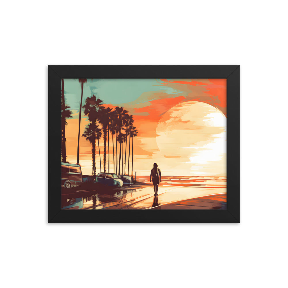 Framed Print artwork sunset watercolor oceanside framed painting Warm Colors Vintage Cars And A Large Sun Setting Into The Horizon Framed Print Artwork 8x10"