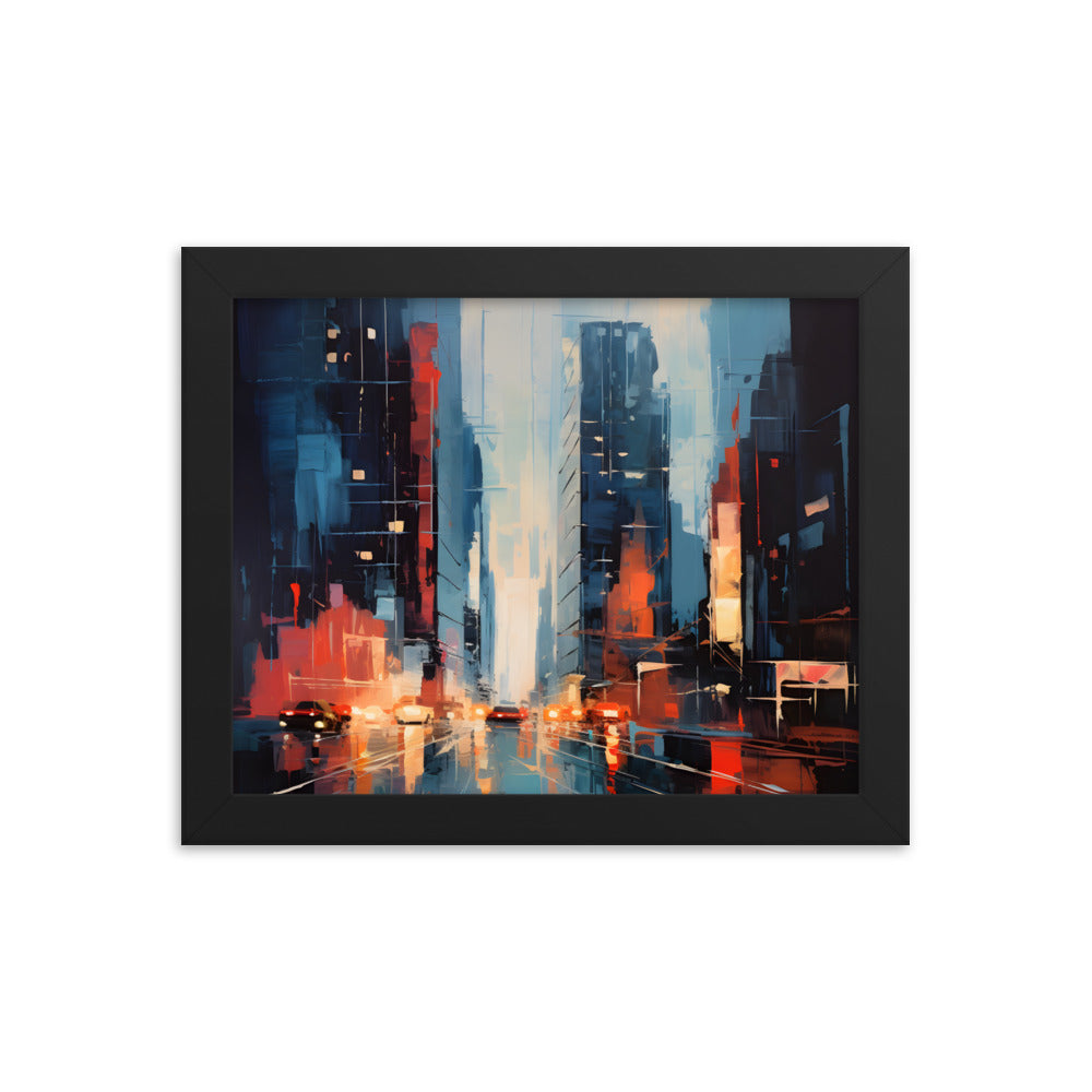 Framed Print Abstract Urban Mystique Dense City Art Cars Driving Through City Conversation Starter Framed Poster Busy City Streets People Walking Through A City With Large Buildings 8x10"