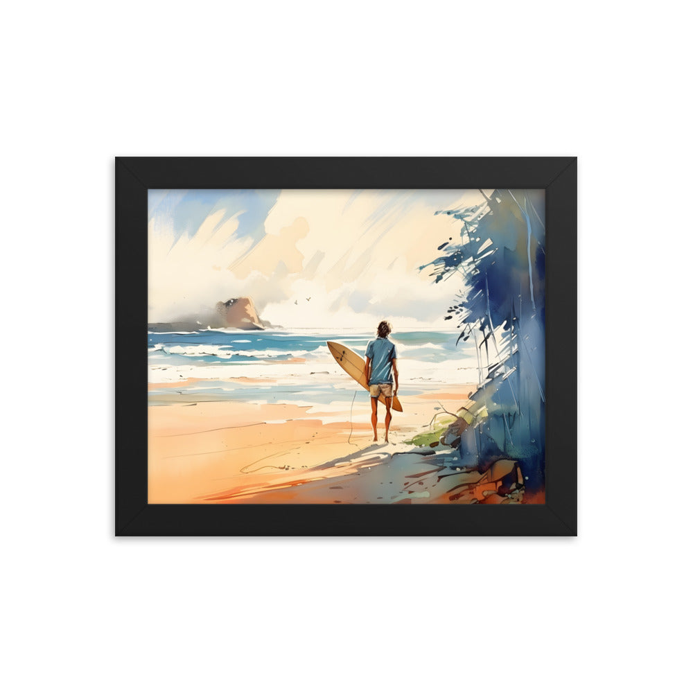 Framed Poster Beach Ocean Lifestyle Watercolor Style Painting Framed Artwork Print Surfer Looking Out For the Perfect Spot 8x10 inch horizontal